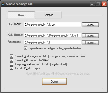 RCOMage GUI — Dump tab